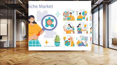 Niche Market set. Exploring target audience, value proposition, and market trends. Segmentation, differentiation, and positioning strategies. Micro-niche discovery. Flat vector illustration Wall mural