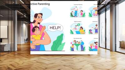 Overprotective parenting set. Children and parents in various situations experiencing anxiety, anger or confusion. Boys and girls suffering from excessive care. Flat vector illustration Wall mural