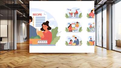 People cooking and eating healthy food set. Family following diet recipes Wall mural