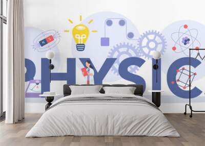 Physics school subject typographic header concept. Scientist explore Wall mural