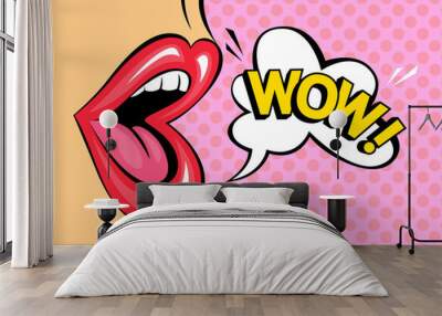 Red lips with speech bubble saying wow Wall mural