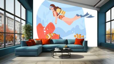 Scuba diving. Character in diving mask swimming in sea or ocean, Wall mural