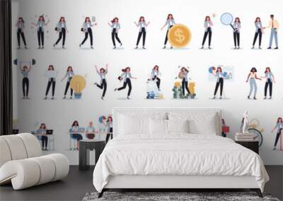 Set of business woman or office worker character with various poses Wall mural