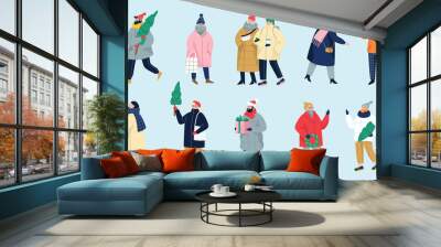 Set of isolated vector illustration of people wearing warm winter clothes. Wall mural