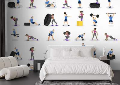 Set of people doing workout. Fitness and bodybuilding exercise Wall mural