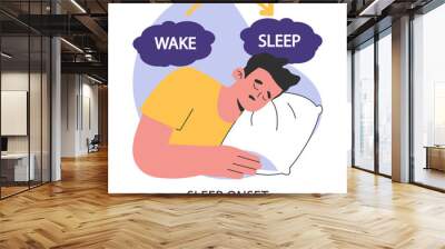 Sleep onset. Transition between wake and sleep. Young man falling asleep hugging his pillow during the night. Dreaming male character. Flat vector illustration. Wall mural