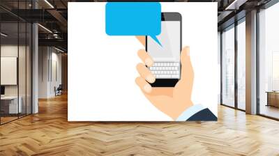 Smartphone with message. Isolated hand holding smartphone with blank template message bubble on white background. Wall mural