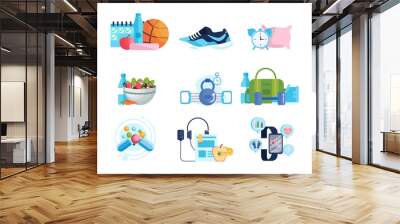 Sport and diet concept. Collection of healthy lifestyle items. Wall mural