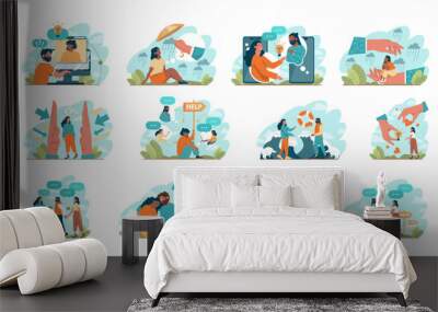 Support concept set. Character help each other in solving problems. Wall mural