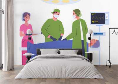 Surgery process with operating lamp medical staff and patient on table. Wall mural