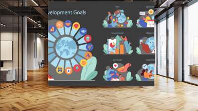 Sustainable Development Goals set. Global objectives for 2030. Eradicating hunger, ensuring education and gender equality. Promoting clean energy and economic growth. Flat vector illustration. Wall mural