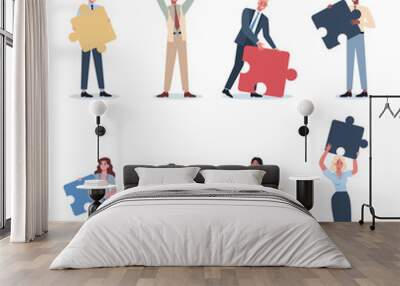 Teamwork concept set. Business man and woman holding piece Wall mural