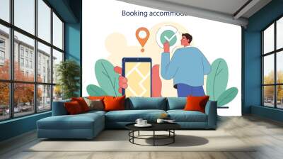 Tourism. People traveling the world seeing attractions and cultural heritage. Traveler booking a hotel and packing a baggage. Active lifestyle. Flat vector illustration Wall mural