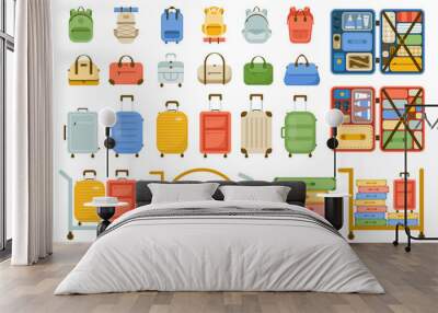 Travel luggage set. Plastic suitcase, fabric backpacks and bags Wall mural