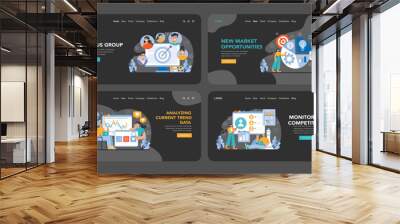 Trend watching dark or night mode web or landing set. Specialist tracking new business trends. Forecasting, data analysis and promotion strategy development. Flat vector illustration Wall mural