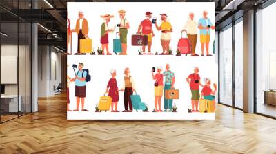 Vector illustration set of elderly tourist with laggage and handbag. Wall mural