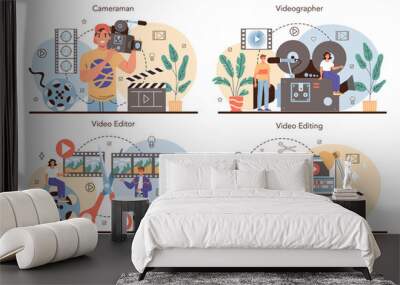 Videographer concept set. Video production, filming and editing. Wall mural