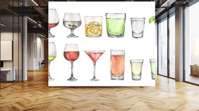 Watercolor alcohol set. Many glasses on white background. Wine, liquor, champagne and beer. Wall mural