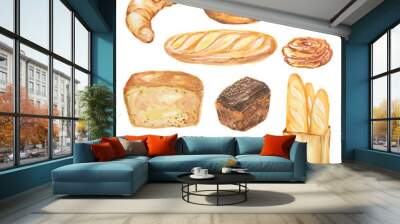 watercolor bread set. different kinds of bread as baguette, loaf, cake. protein and whole grain nutr Wall mural