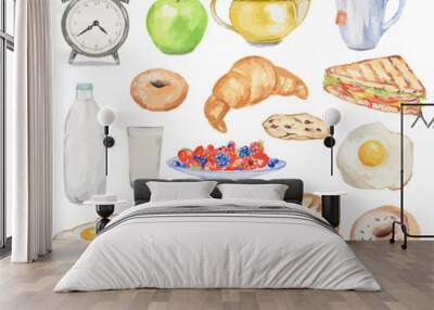 Watercolor breakfast set. Meals for morning as croissant, fried eggs, bacon, tea and more. Fresh and tasty snack. Wall mural