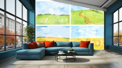 Watercolor rural landscape. Beautiful green field and blue sky. Summer village or farm. Blue sky with yellow fields and haystacks. Wall mural