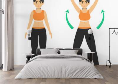 Woman doing a jumping jack exercise. Warm-up Wall mural