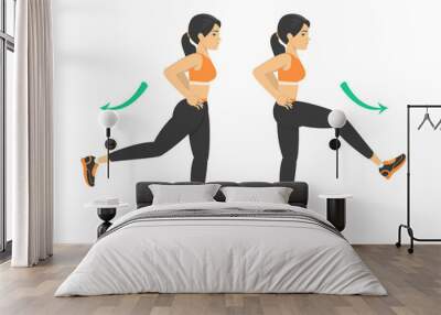 Woman doing leg swing exercise. Warm-up before workout Wall mural