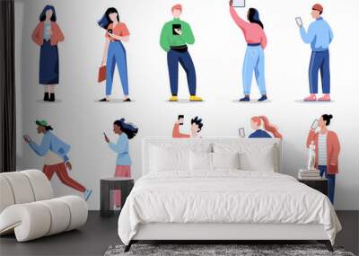 Woman with mobile phone set. Collection of female character Wall mural