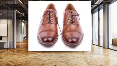 Classic leather elegant shoe on a white background. Beautiful brown luxury and casual leather men shoes. Fashion accessory. Closeup, front view.Both leg. Isolated.  Wall mural