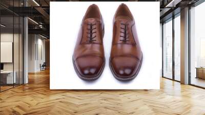 Clean, classic leather elegant shoe on a white background. Beautiful brown luxury and casual leather men shoes. Fashion accessory. Top, front view.Both legs on the ground. Isolated.  Wall mural