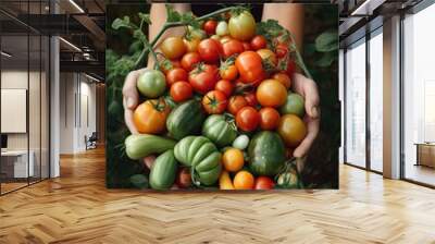 tomato, hand, harvest, plant, red, agriculture, vegetable, ripe, food, green, organic, greenhouse, g Wall mural