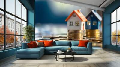 The house stands on coins and money. Bid. Saving money to buy new house. High rent price or home insurance, copy space Wall mural