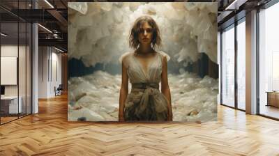 young woman standing indoors with used plastic, photo project about ecology
 Wall mural