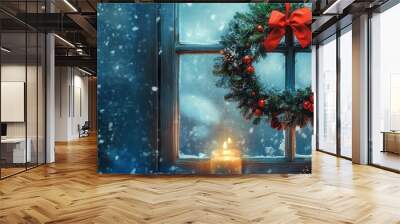 A cozy winter scene featuring a beautifully decorated Christmas wreath on a snowy window with glowing candles. Wall mural