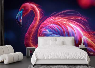 A digital painting of a neon pink flamingo with blue and purple feathers Wall mural