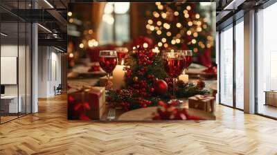 A festive holiday dining table adorned with candles, wine glasses, and decorations, creating a warm Christmas atmosphere. Wall mural