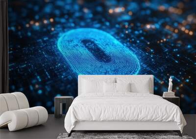 A futuristic digital illustration of a glowing number zero amidst a web of interconnected data points and circuits. Wall mural