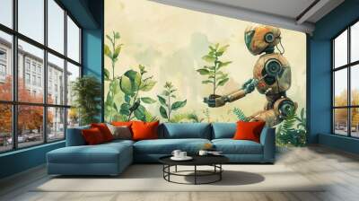 A futuristic robot planting a small tree in a lush green garden, symbolizing technology and nature in perfect harmony. Wall mural