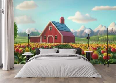 A vibrant farm scene with a red barn surrounded by colorful tulip fields and majestic mountains under a bright sky. Wall mural