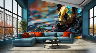 Abstract colorful art with a black and white figure. Wall mural