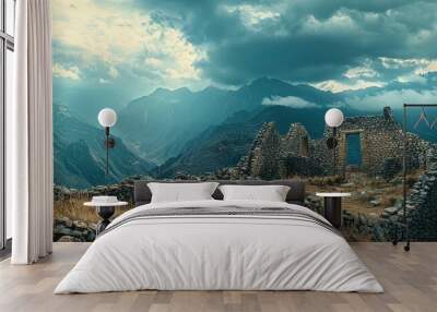 Ancient ruins set against a dramatic mountainous landscape, capturing the essence of history with a beautiful cloudy sky above. Ideal for travel and exploration themes. Wall mural