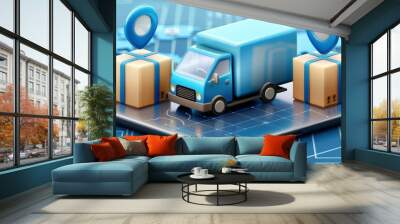 Blue truck with parcels on a digital platform representing online delivery and logistic services on futuristic blue background. Wall mural