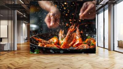 Chef cooking with Tiger prawn on dark background Wall mural