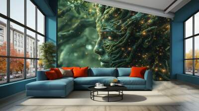 Enchanted forest spirit with glowing lights intertwined with tree branches, depicting a mystical and magical fantasy scene in nature. Wall mural