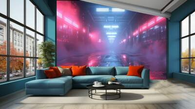 Futuristic corridor illuminated with red neon lights and filled with fog, creating a sci-fi and cyberpunk atmosphere. Wall mural