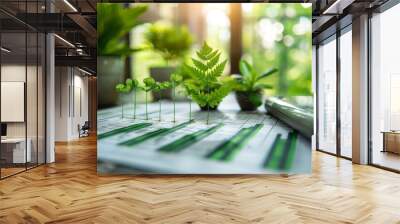 Growing plants on the financial graph with blurred background. Concept of sustainable growth and green economy. Wall mural