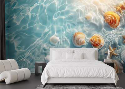 Seashells and starfish scattered on a beach with clear blue water. Summer vacation background. Wall mural