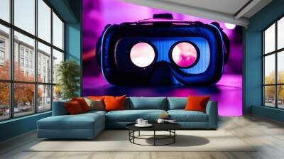 3d 360 vr headset glasses goggles lenses in futuristic purple neon light on table, virtual augmented ar reality innovative party experience digital mobile technology background concept, close up view Wall mural