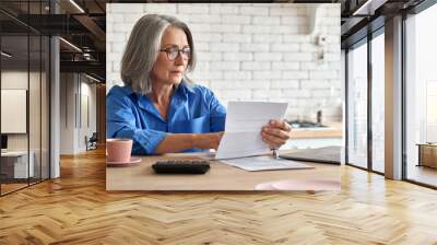 Adult senior 60s woman working at home at laptop. Serious middle aged woman at table holding document calculating bank loan payments, taxes, fees, retirement finances online with computer technologies Wall mural