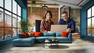 Business team of two happy busy professionals working together using laptop looking at computer. Male executive manager explaining corporate online ai software to female partner sitting at office desk Wall mural